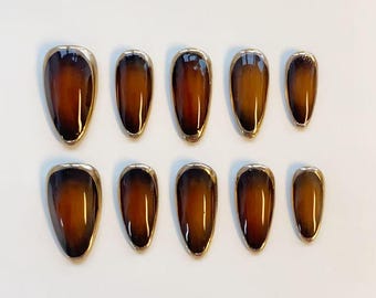 Amber Nails Long Almond Nails/Tiger Eye Nails/Gold Nails Chrome Frame Nails/3D Chrome Nails/Custom Nails Holiday Nails