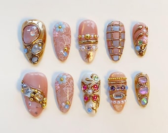 Jeweled Nails Baroque Nails Long Almond Nails/Pearl Gem Nails/3D Flower Lace Nails/Vintage Nails/Custom Nails Holiday Nails