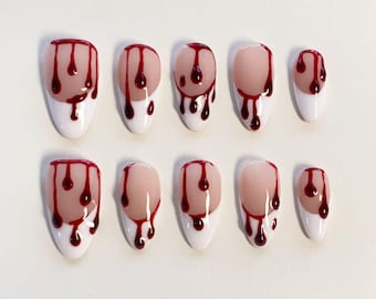 Blood Drip Nails Long Almond Nails/Halloween Nails/French Tip Nails/Gothic Nails Horror Nails/Custom Nails Holiday Nails