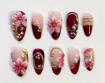 3D Flower Nails Press On Nails Long Almond Nails | Burgundy Gold French Nails | Elegant Pearl Wedding Nails | Holiday Nails Custom Nails