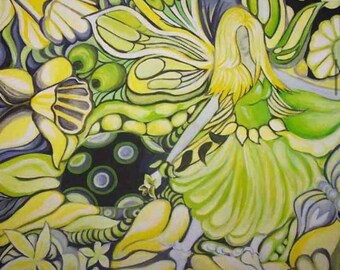 Yellow and Green Fairy Acrylic Original Painting – Fantasy Art, Whimsical Fairy Wall Decor, One-of-a-Kind Fairycore Artwork