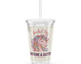 Vaso de plástico transparente con diseño de unicornio
