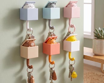 Patère murale chat mignon, porte-clés adhésif animal, crochet mural autocollant animal, organisateur mural, crochet de rangement pour la maison, cadeau pour elle