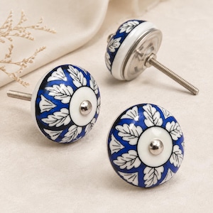 Blue White Floral Ceramic Cabinet Knob, Vintage Boho Drawer Pull, Dresser Handle Furniture Hardware