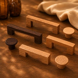 May include: A collection of wooden cabinet hardware including three rectangular bar pulls and three circular knobs. The items feature natural wood grain textures in varying shades of light oak and dark walnut, showcasing a simple, functional design.