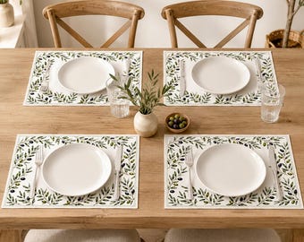 Olive Branch Placemats, Mediterranean Faux Linen Table Mats, Olive Grove Dining Table Decor, Farmhouse Kitchen Placemats, 18x12 Inch