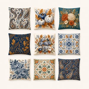 May include: A collection of nine square throw pillows featuring diverse patterns including blue and orange paisley, pumpkins with autumn leaves, floral bouquets, botanical foliage, and intricate geometric medallions in shades of navy, cream, and rust.