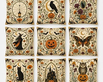 Fodera per cuscino vintage di Halloween, decorazione Art Nouveau con gatto nero, strega, zucca e motivi gotici, fodera quadrata double-face, 14/16/18/20/24 pollici