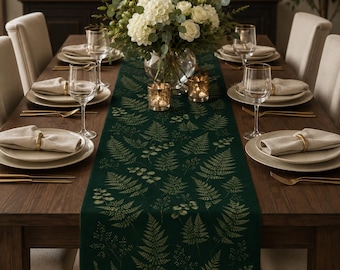 Camino de mesa verde oscuro con estampado de helechos, camino de mesa con aspecto botánico de lino, decoración de mesa verde bosque, camino de mesa de comedor estilo rústico, 13/16 pulgadas de ancho