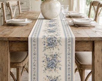 French Country Blue Table Runner, Vintage Floral Faux Linen Runner, Blue Floral Dining Table Decor, Farmhouse Spring Wedding Runner