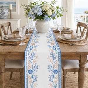 Coastal Blue Table Runner, Seashell Faux Linen Runner, Ocean Beach Dining Decor, Nautical Farmhouse Table Runner, 13/16 Inch Wide