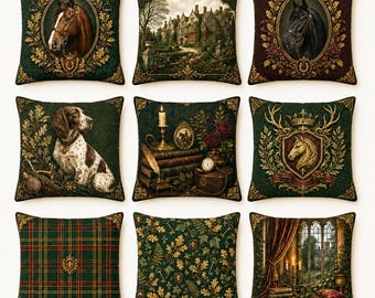 Funda de almohada estilo mansión inglesa, cojín vintage con diseño de caballo, decoración campestre inglesa estilo academia oscura, almohada de sofá de doble cara, 14/16/18/20/24 pulgadas