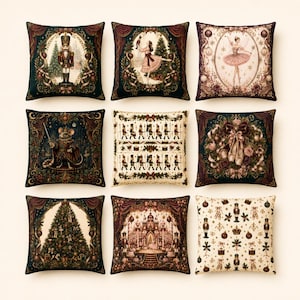 May include: A set of nine square throw pillows featuring Nutcracker-themed illustrations. Designs include a soldier, a dancer, a mouse king, a Christmas tree, a castle, and repeating patterns of ballet slippers, crowns, and ornaments in dark and cream tones.