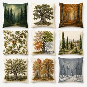 May include: A set of nine square throw pillows featuring diverse nature-themed prints, including a moonlit pine forest, a large oak tree, an autumn woodland, oak branches with acorns, a seasonal tree, a villa with cypress trees, an apple tree, a forest, and a snowy winter landscape.