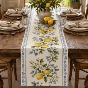 Camino de mesa de limones, camino de mesa floral mediterráneo, decoración veraniega campestre francesa, camino de mesa de comedor de lino sintético, 13/16 pulgadas de ancho