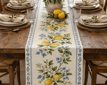 Lemon Table Runner, Mediterranean Floral Table Runner, French Country Summer Decor, Faux Linen Dining Runner, 13/16 Inch Wide