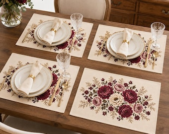 Burgundy Floral Placemats, Vintage Peony Faux Linen Table Mats, Romantic Farmhouse Dining Decor, Fall Cottagecore Placemats, 18x12 Inch