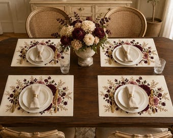 Burgunderfarbene Tischsets mit Blumenmuster, Vintage-Tischsets mit Pfingstrosenmuster aus Leinenimitat, romantische Tischdekoration im Landhausstil, herbstliche Cottagecore-Tischsets, 45,7 x 30,5 cm