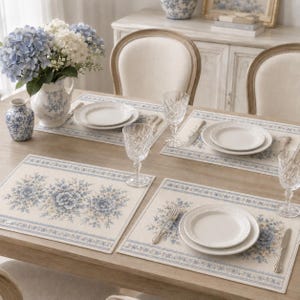 Pode incluir: Uma mesa de jantar com jogos americanos retangulares com borda floral azul e branca e motivo central. A mesa inclui pratos de cerâmica branca, taças de vidro lapidado, talheres de prata e uma jarra floral azul e branca.