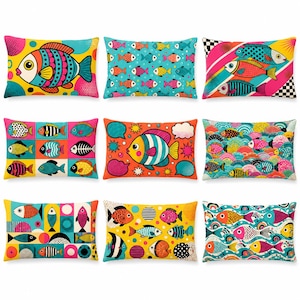May include: A collection of nine rectangular throw pillows featuring vibrant, multi-colored fish patterns. Each pillow displays distinct graphic designs, including pop art styles, geometric shapes, and colorful aquatic motifs in bright hues.