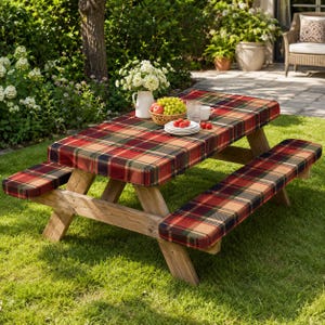 Waterproof Plaid Picnic Table Cover Set, Fitted Outdoor Tablecloth with Bench Covers, Elastic Oxford Fabric Table Cover Set, 4FT 6FT 8FT