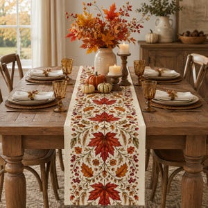 Peut inclure: Un long chemin de table rectangulaire orné d'un motif répétitif de feuilles d'érable rouge, orange et jaune, de baies et de petites fleurs sur un fond crème. Le chemin de table est centré sur une table en bois avec des assiettes et des verres.