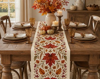Tafelloper met herfstmotief van esdoornbladeren, botanische loper met rode bessen, vintage Thanksgiving-decoratie, Franse landelijke eettafel, 34,4 cm breed