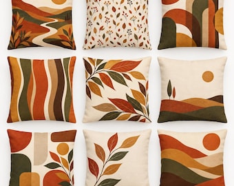 Fodera per cuscino autunnale, paesaggio astratto organico moderno e decorazioni botaniche, fodera per cuscino geometrica retrò double-face, 14/16/18/20/24 pollici