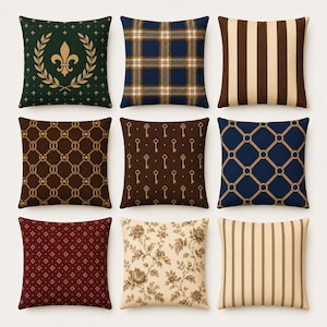 May include: A collection of nine square throw pillows featuring diverse patterns including a green fleur-de-lis, blue plaid, brown and cream stripes, brown chain links, brown keys, blue chain links, red geometric, floral, and cream stripes.