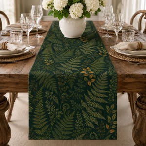 Dark Green Fern Table Runner, Botanical Faux Linen Runner, Forest Green Farmhouse Dining Decor, 13/16 Inch Wide