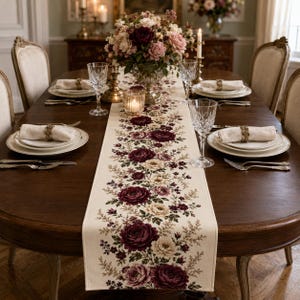 Puede incluir: Un camino de mesa de color crema con un patrón floral repetitivo de rosas color burdeos oscuro y rosa suave con follaje verde. El camino está centrado en una mesa de comedor de madera oscura con platos blancos, copas de cristal y cubiertos.
