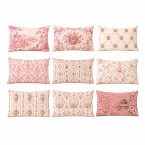 May include: A collection of nine rectangular throw pillows arranged in a grid, each featuring distinct pink and cream floral, damask, toile, and lattice patterns. The designs include landscape scenes, ornate scrollwork, and repeating botanical motifs.