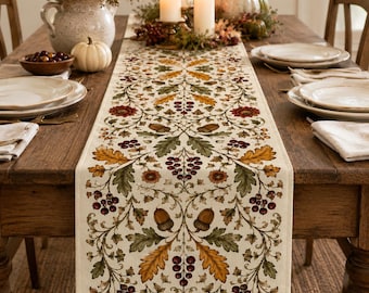 Autumn Oak Leaf Table Runner, Acorn Berry Floral Runner, Vintage Thanksgiving Decor, Cottagecore Fall Runner, 13/16 Inch Wide