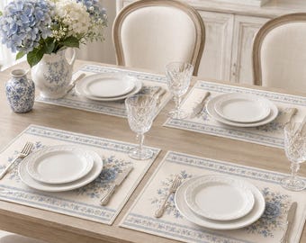 Placemats met blauwe bloemen, placemats in botanische linnenlook, vintage blauwe bloem eettafeldecor, placemats cottagecore boerderij, 18 x 12 inch