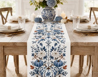 Blue and White Pumpkin Table Runner, Porcelain Floral Fall Decor, Grandmillennial Thanksgiving Runner, Chinoiserie Inspired, 13/16 Inch Wide