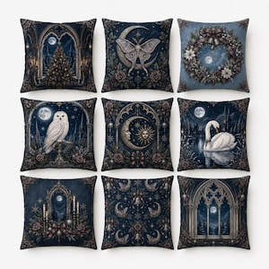 May include: A set of nine square throw pillows featuring dark blue and gothic-inspired illustrations. Designs include a Christmas tree in an archway, a moth with a crescent moon, a floral wreath, a white owl, a sun and moon, a swan, candles, bells, and a window.