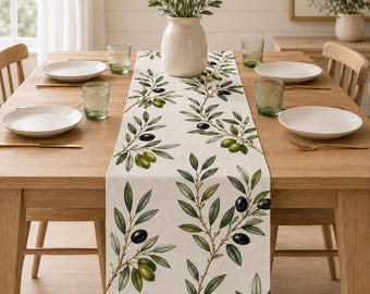 Olive Branch Table Runner, Botanical Faux Linen Dining Table Decor, Mediterranean Farmhouse Kitchen Runner, Green Olive Table Linen