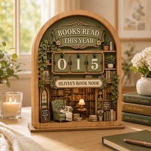 May include: A wooden arched book tracker display featuring the text BOOKS READ THIS YEAR and OLIVIA'S BOOK NOOK. It includes a flip-style number counter set to 015, miniature bookshelves, a green armchair with a cat, and a small lamp.