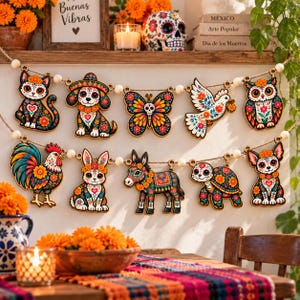 May include: A decorative garland featuring ten wooden animal cutouts, including a cat, dog, butterfly, bird, owl, rooster, rabbit, donkey, turtle, and chihuahua, all painted with colorful floral patterns and sugar skull motifs on a jute string.