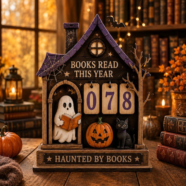 Personalized Halloween Book Tracker, Wooden Books Read This Year Counter Sign, Haunted by Library Decor, Spooky Reader Gift Idea