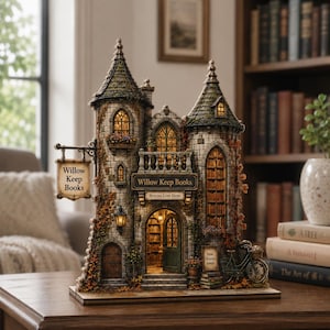 May include: A detailed miniature bookstore building model featuring two stone towers, arched windows, and illuminated interiors. A hanging sign reads Willow Keep Books, with additional text reading Stories Live Here and New Stories Await. A small bicycle sits near the entrance.