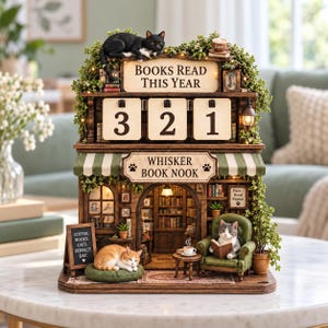 May include: A miniature bookstore display titled Whisker Book Nook with the text Books Read This Year and a counter showing 321. It features a black cat on top, an orange cat on a cushion, and a gray cat reading in a green armchair.
