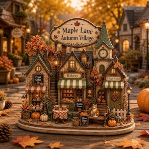 May include: A miniature Maple Lane Autumn Village display featuring a bakery, fresh cider shop, and village market with illuminated windows, a clock tower, a small cat on a bench, pumpkins, and autumn foliage on a wooden base.
