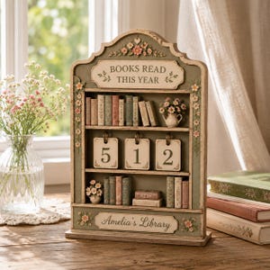 May include: A decorative wooden bookshelf display with three tiers, featuring the text BOOKS READ THIS YEAR and Amelia's Library. The unit is adorned with floral carvings, miniature book spines, and a set of three flip-style number cards showing 512.