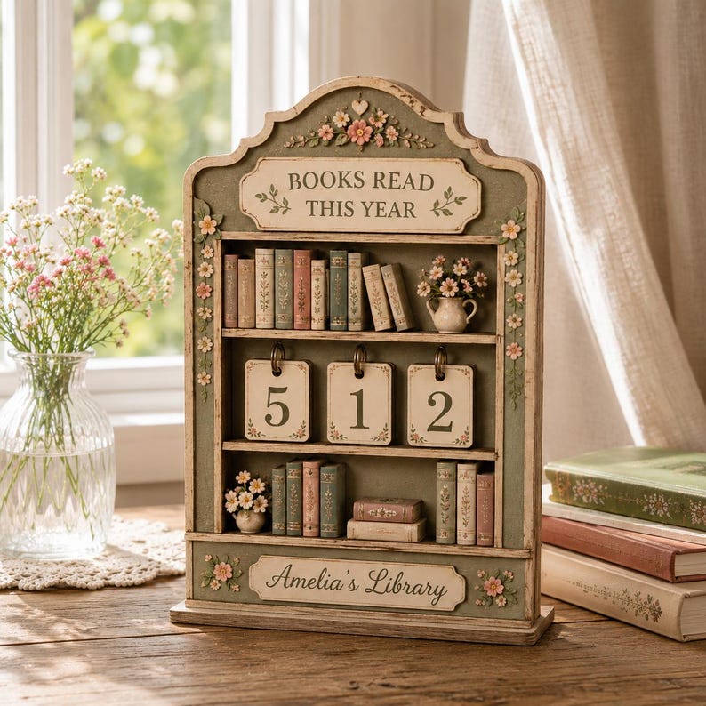 May include: A decorative wooden bookshelf display with three tiers, featuring the text BOOKS READ THIS YEAR and Amelia's Library. The unit is adorned with floral carvings, miniature book spines, and a set of three flip-style number cards showing 512.