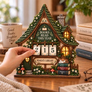 May include: A decorative house-shaped book tracker with a green roof, white flowers, and a sign reading BOOKS READ THIS YEAR. It features flip cards showing the number 215, a sign labeled MARIA'S LIBRARY, a sleeping cat on books, and small lights.