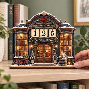 May include: A decorative tabletop display shaped like a library storefront with a counter showing the number 125 and the text 'BOOKS READ THIS YEAR' and 'Olivia's Library'. It features miniature bookshelves, a red bicycle, an owl, and festive holiday greenery.