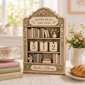 Personalized Wooden Book Tracker Sign, Books Read This Year Counter, Floral Library Shelf Decor, Custom Reading Gift for BookLovers image 4