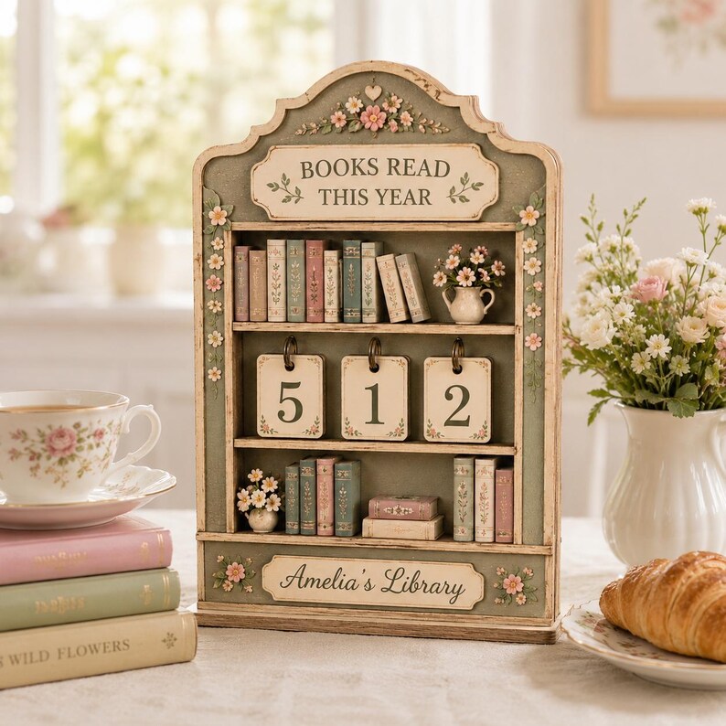Personalized Wooden Book Tracker Sign, Books Read This Year Counter, Floral Library Shelf Decor, Custom Reading Gift for BookLovers image 4