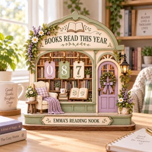 May include: A decorative wooden bookshelf display titled BOOKS READ THIS YEAR and EMMA'S READING NOOK. It features a miniature armchair, a purple door with a wreath, a lit lamp, and hanging number tags showing 087. The structure is painted in soft green and purple tones with floral accents.